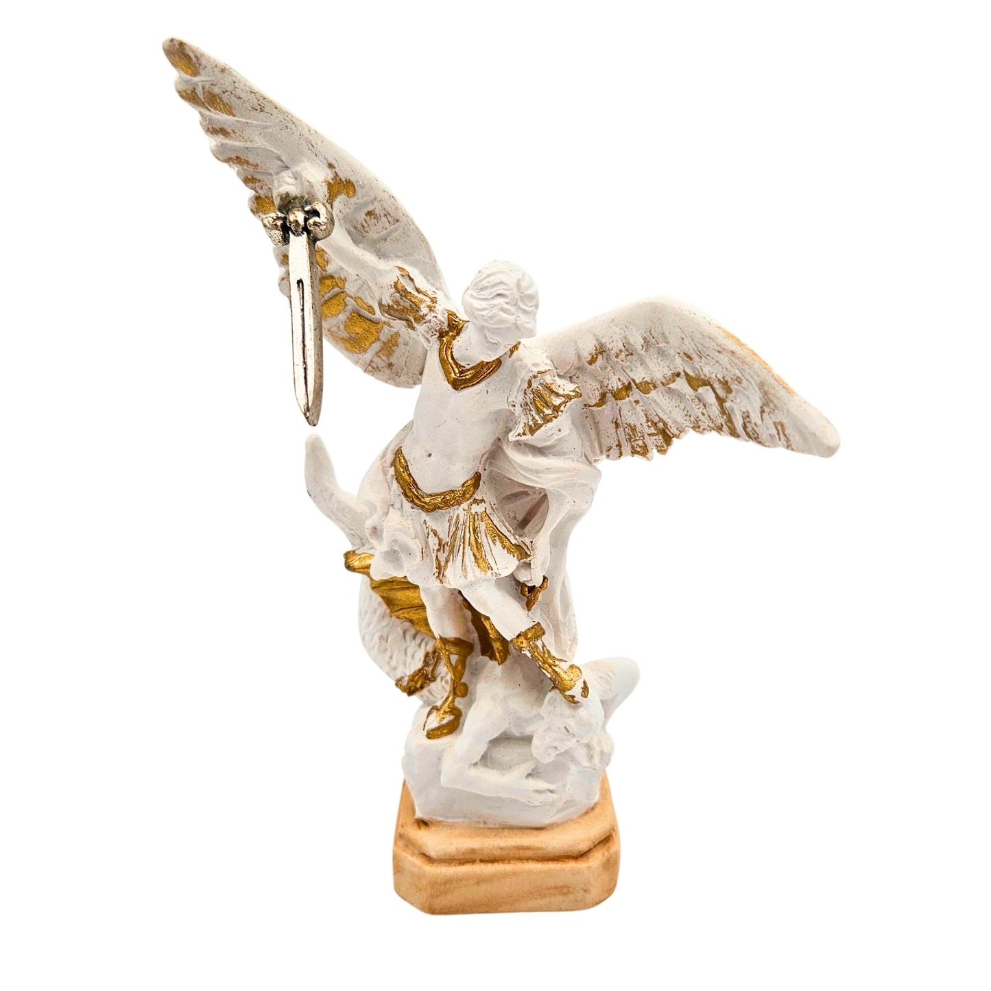 Wit resin beeld van Sint-Michaël Aartsengel met zwaard en vleugels, 12 cm hoog, handgemaakt in Italië