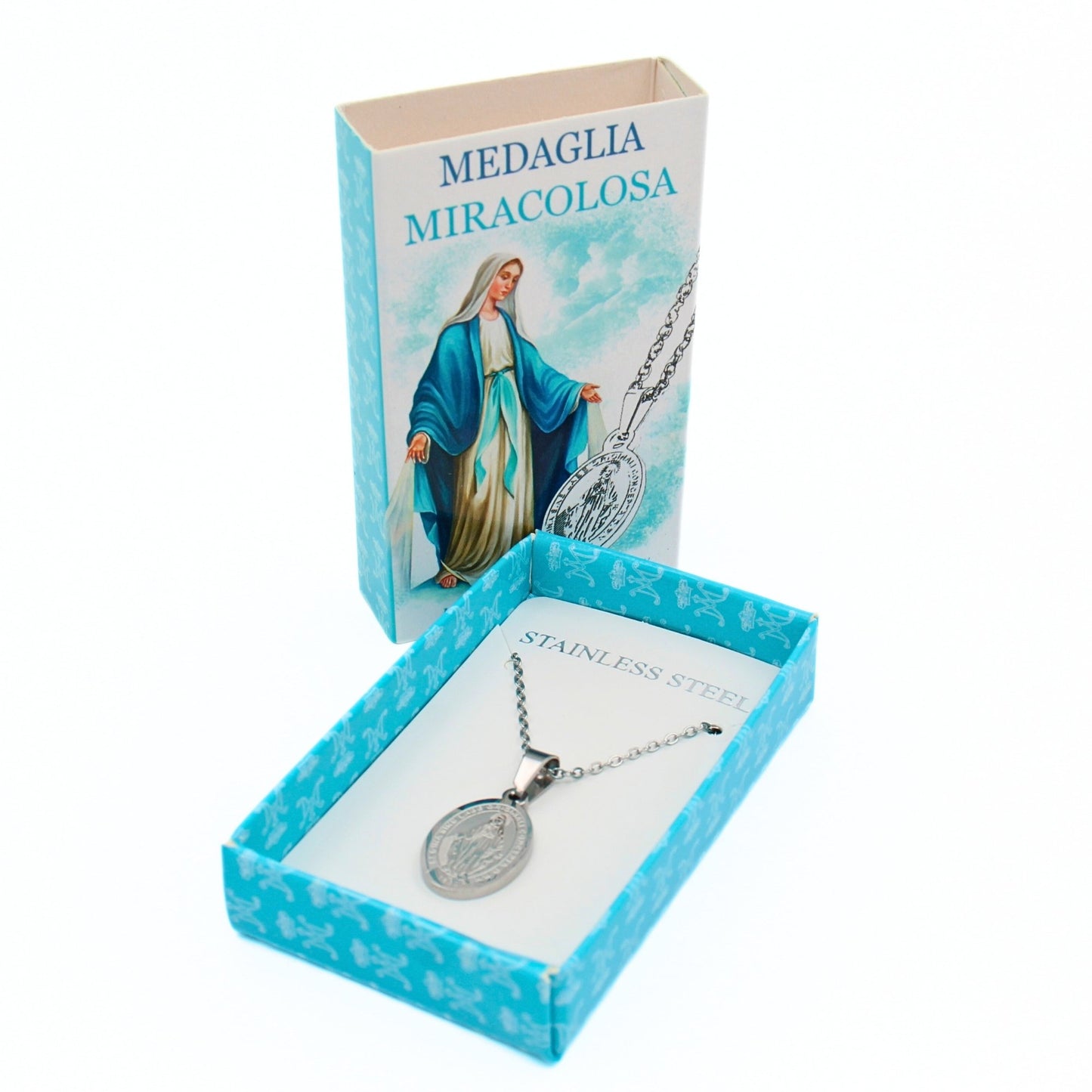 Maria medaillon met roestvrijstalen ketting, Miraculeuze Medaille, handgemaakt in Italië – 44 cm