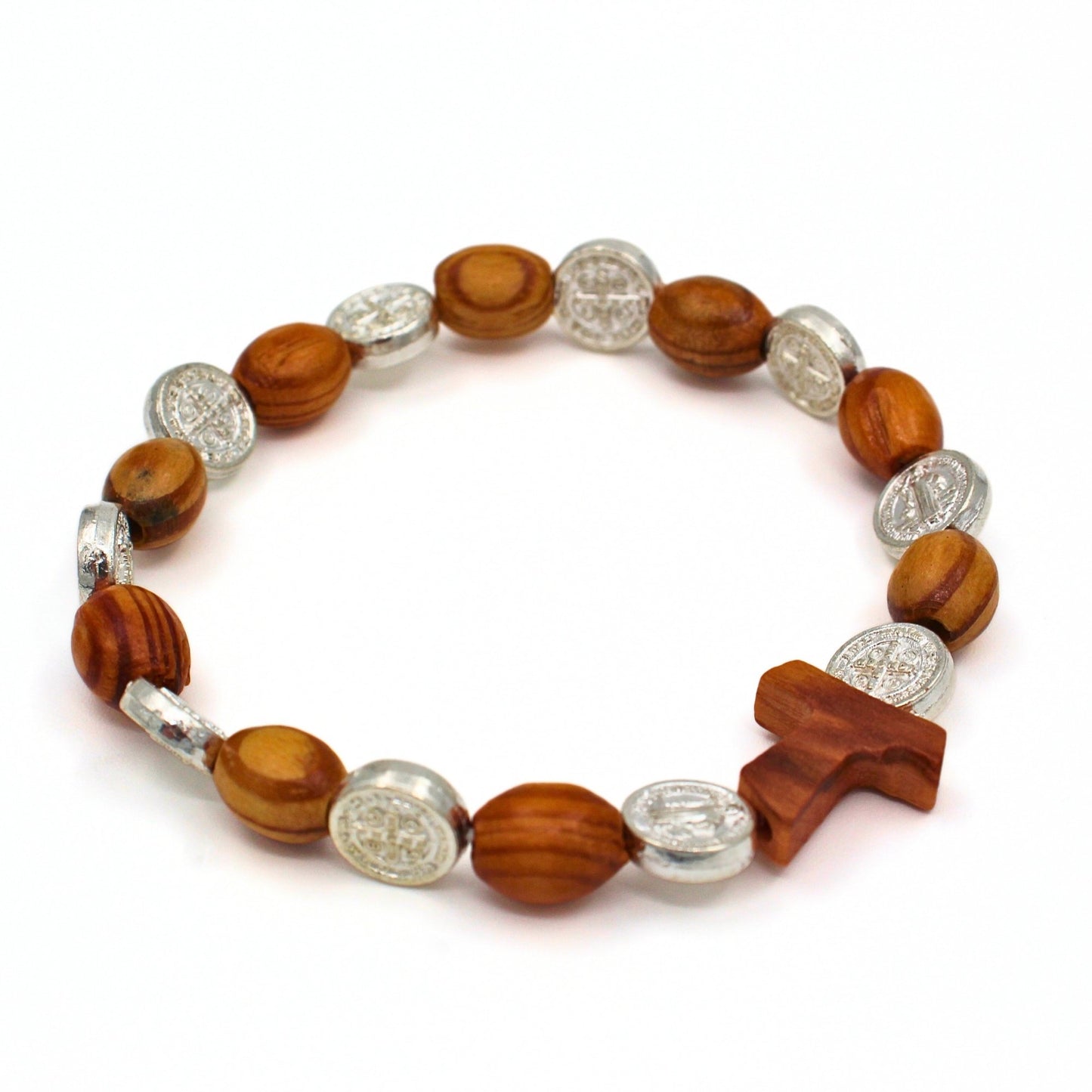 Rozenkrans armband van olijfhout met Sint-Benedictus medailles, handgemaakt in Italië