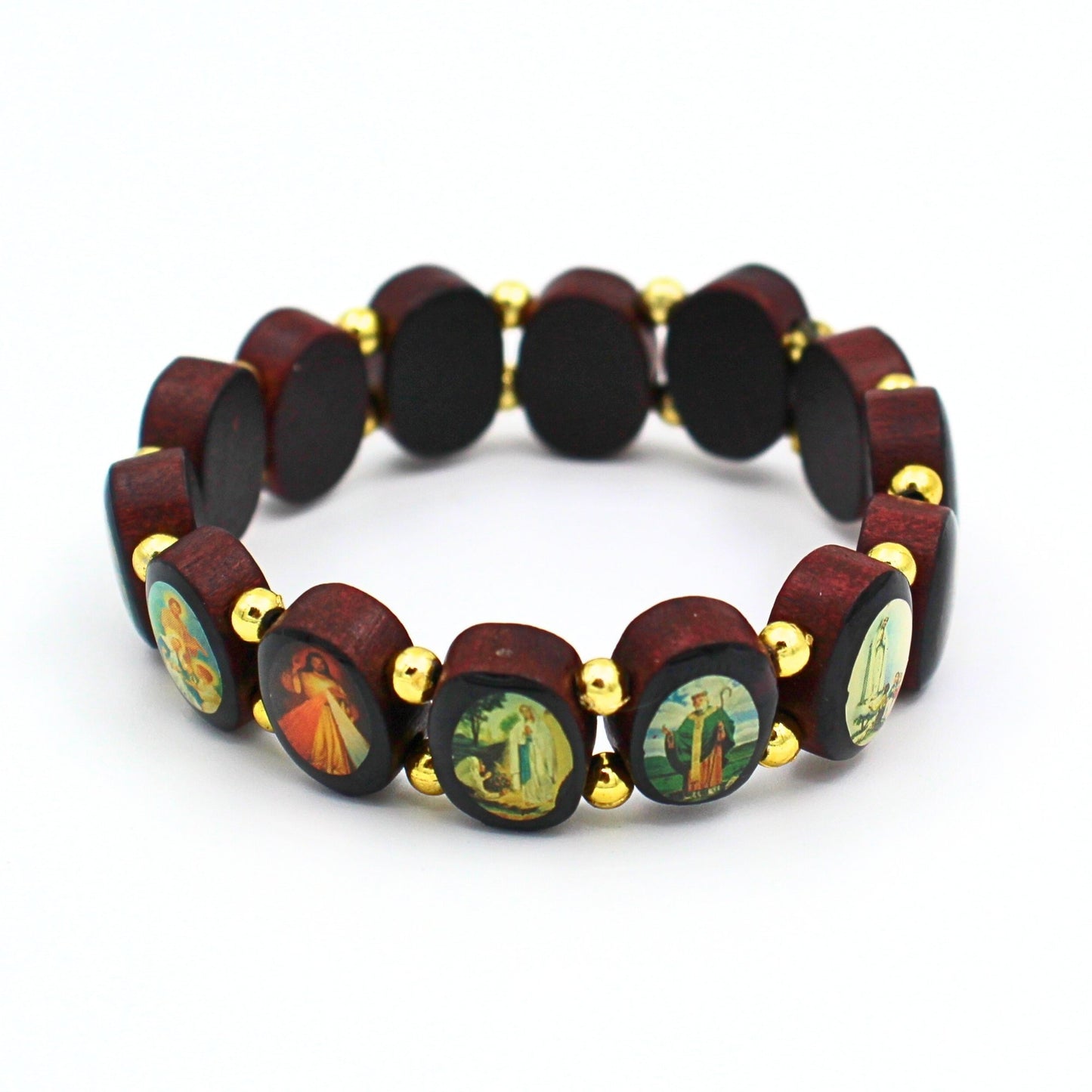 Houten armband met medaillons van heiligen en Madonna’s, glanzend afgewerkt en handgemaakt in Italië