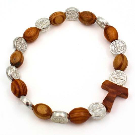 Rozenkrans armband olijfhout met Sint-Benedictus medailles