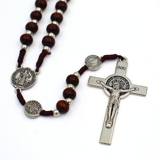 Houten rozenkrans 6mm met Sint Benedictus kruis en medailles, handgemaakt in Italië.